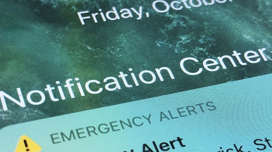 An emergency alert is displayed on a cellphone, Oct. 30, 2020, in Rio Rancho, N.M.