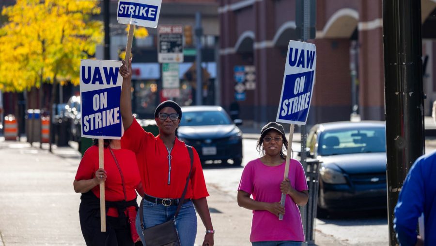 UAW workers picket Blue Cross Blue Shield of Michigan on Oct. 2, 2023 in Detroit.