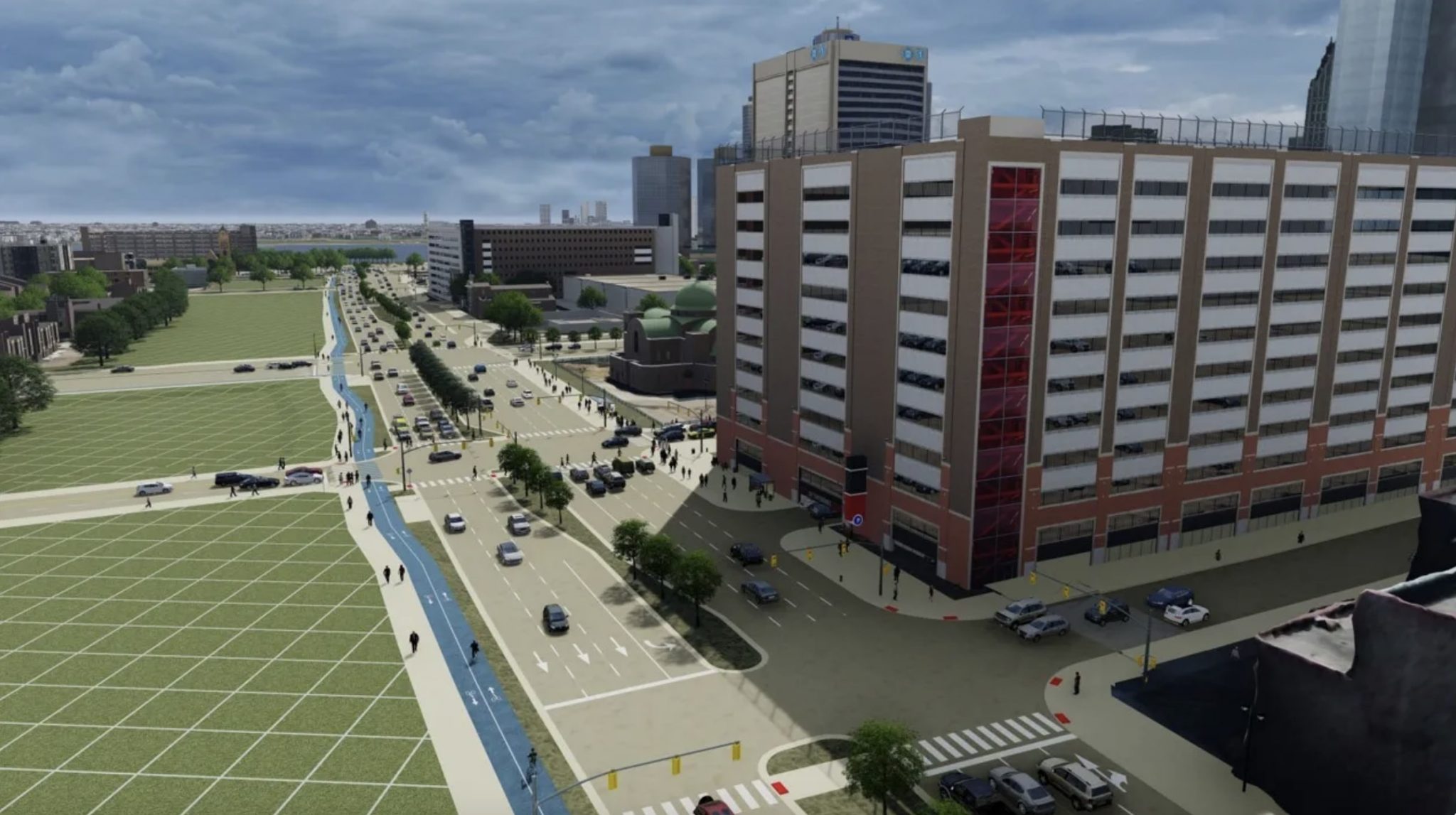 A rendering of the proposed boulevard replacing Interstate 375 in Detroit.