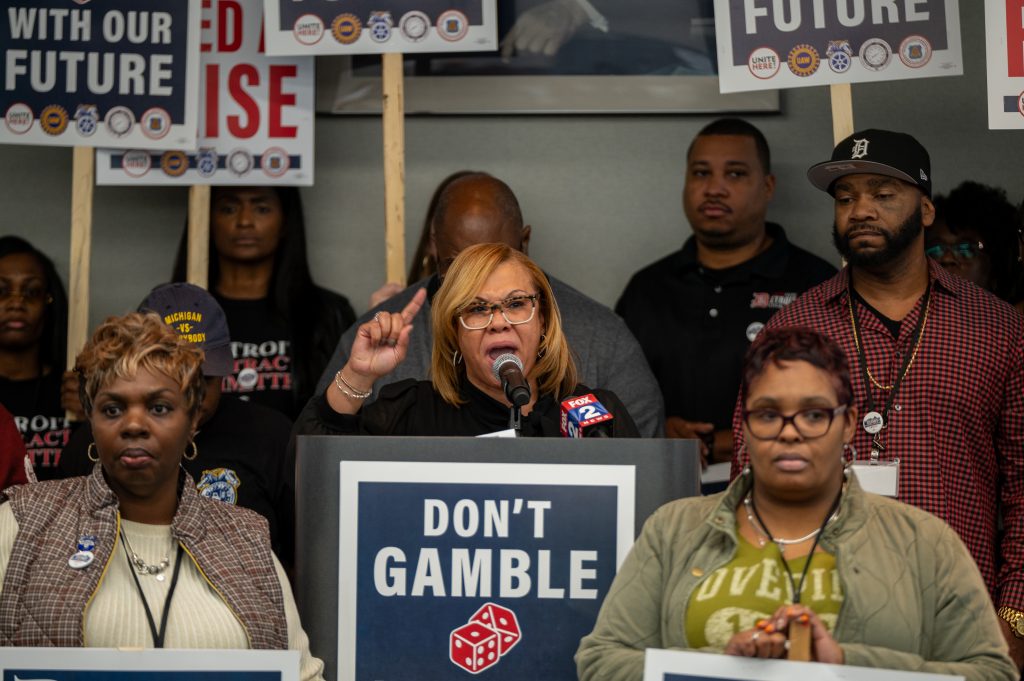 Nia Winston, the President of UNITE HERE Local 24, speaks at an event in Detroit on Oct. 12, 2023