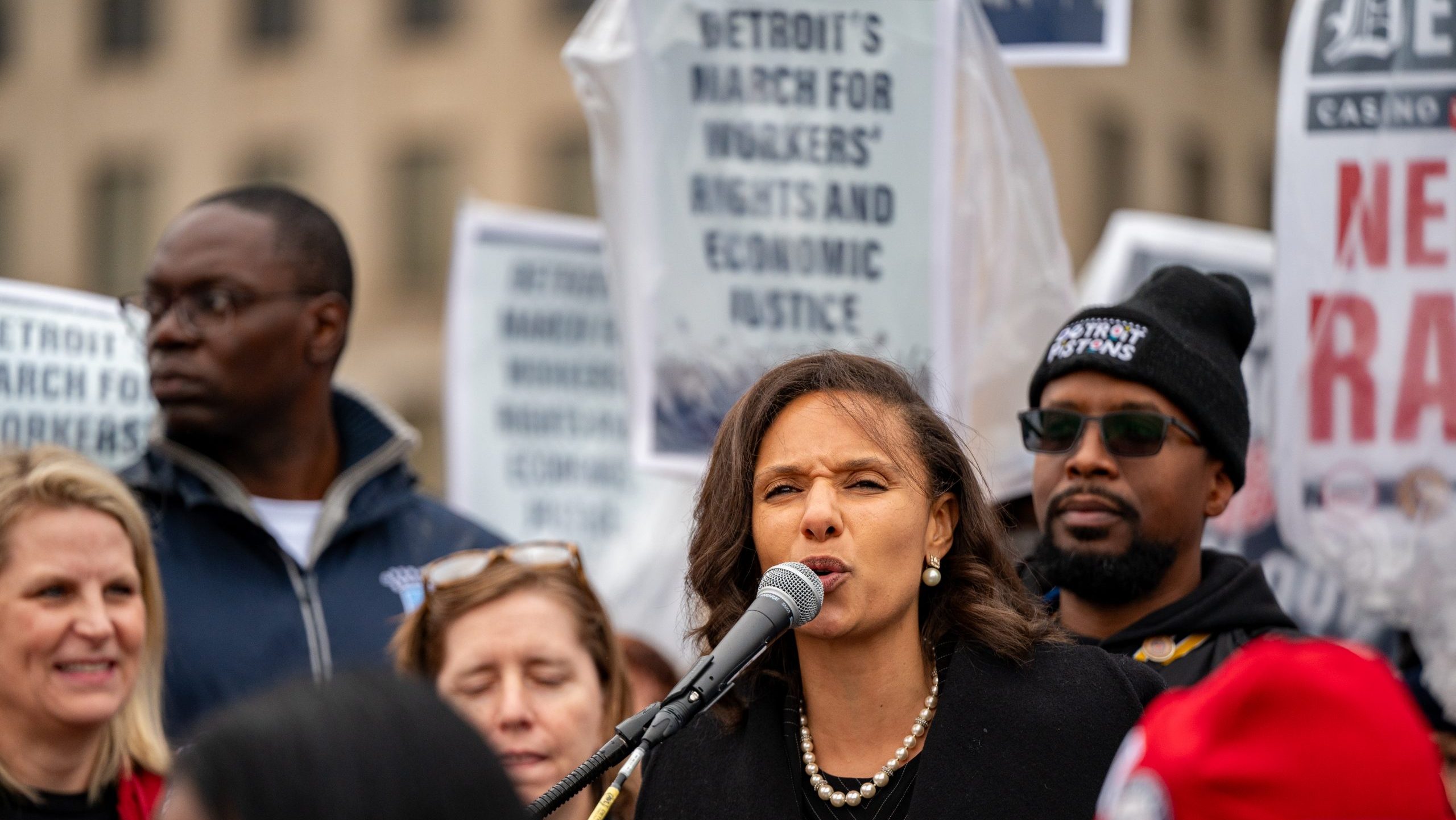 Detroit City Council President Mary Sheffield speaks at a rally for striking union members in Detroit on Oct. 19, 2023.