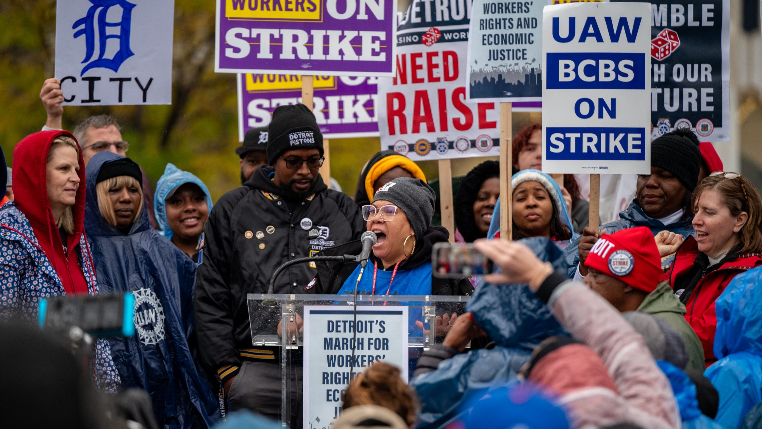 President of UNITE HERE Local 24, Nia Winston, speaks at a rally for striking union members in Detroit on Oct. 19, 2023.