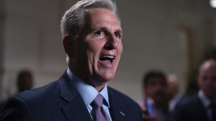Speaker of the House Kevin McCarthy, R-Calif., talks to reporters after a closed-door meeting with Rep. Matt Gaetz, R-Fla., and other House Republicans after Gaetz filed a motion to oust McCarthy from his leadership role, at the Capitol in Washington, Tuesday, Oct. 3, 2023.