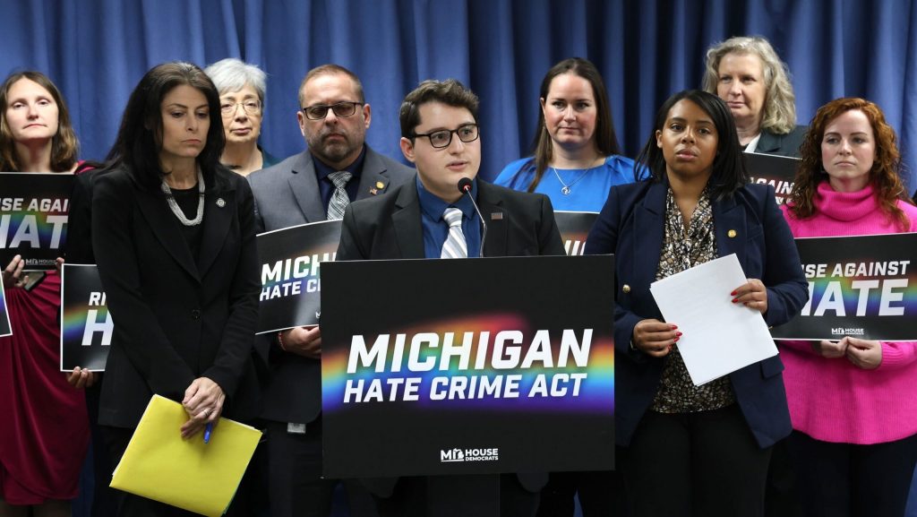 Michigan State Rep. Noah Arbit (center), D-West Bloomfield, introduces legislation to amend the state’s anti-hate crime laws.