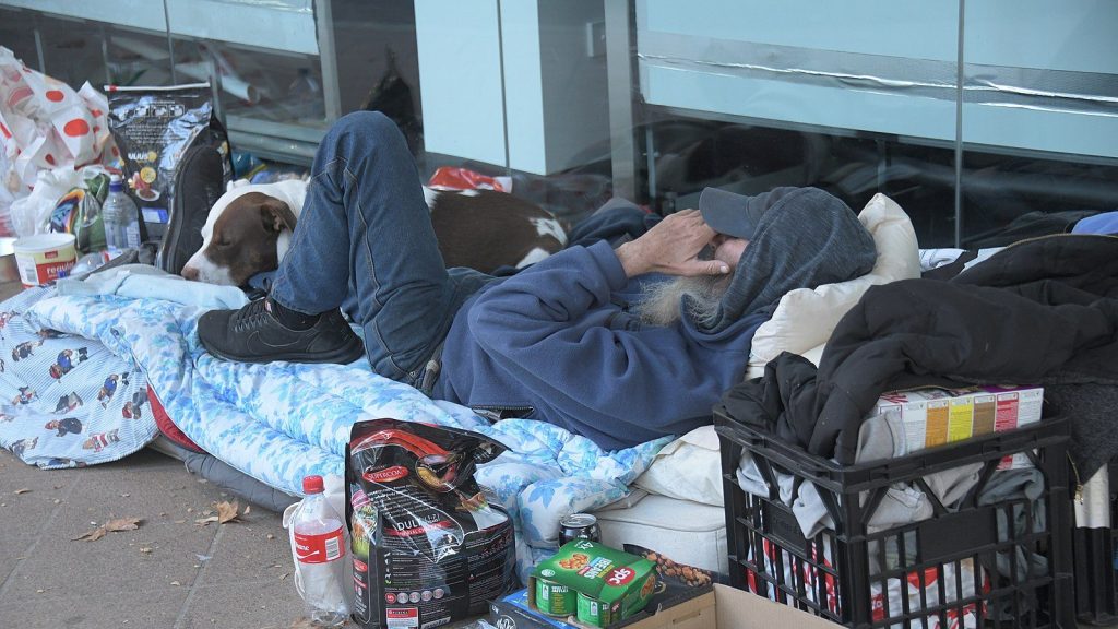 A homeless person sleeps on the sidewalk with a dog at his side.