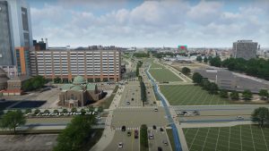 A rendering of the boulevard proposed to replace I-375. The image shows a boulevard with six to nine lanes, wide sidewalks, a two-way bicycle track and greenspace.