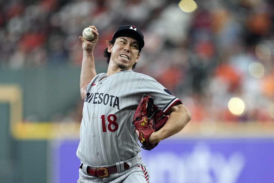 FILE - Minnesota Twins relief pitcher Kenta Maeda throws during the fourth inning in Game 1 of an American League Division Series baseball game against the Houston Astros, Oct. 7, 2023, in Houston.