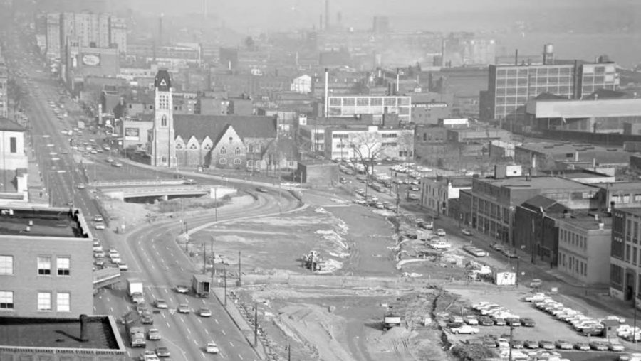 A view of the Chrysler Freeway, looking east from the roof of the City-County Building, 1964.