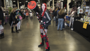A person dressed like Harley Quinn