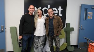 Oak & Reel's Michelin-starred chef and owner, Jared Gadbaw (left), poses with Ann Delisi and Chef James Rigato at WDET studios.