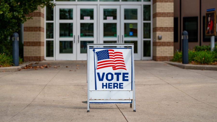 A "Vote Here" sign outside a voting location in Michigan on Election Day 2023.