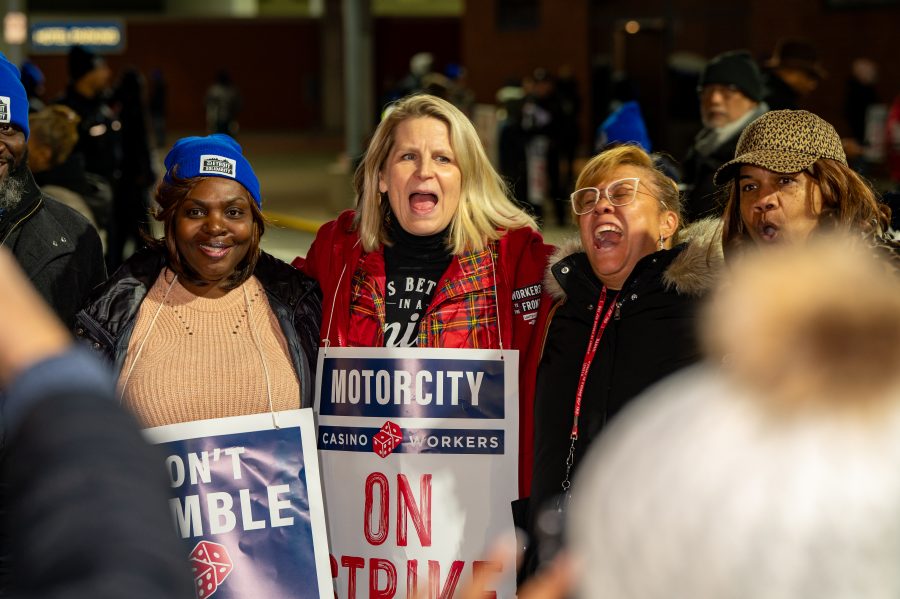AFL-CIO President Liz Shuler rallies with striking casino workers in front of MotorCity Casino in Detroit on November 15, 2023.