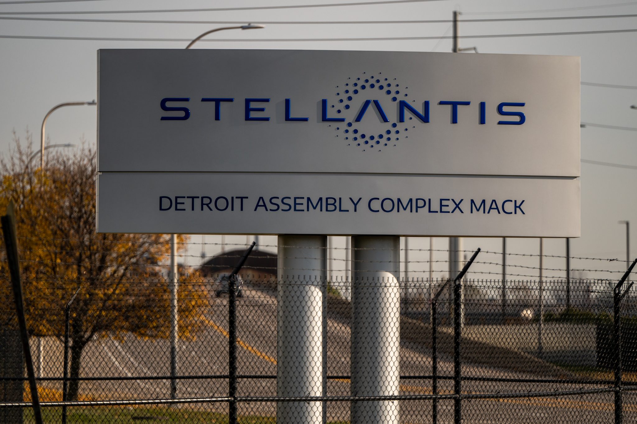 A sign for Stellantis' Detroit Assembly Complex on Mack.