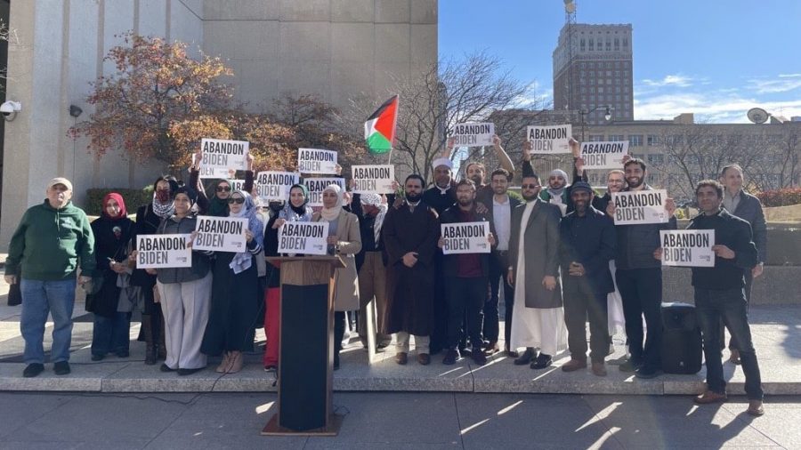 Local activists and members of the Arab American community held a rally in front of the federal courthouse in Detroit on Thursday, Nov. 9, rebuking President Joe Biden for his response to the ongoing humanitarian crisis in Gaza amid the Israel-Hamas war.