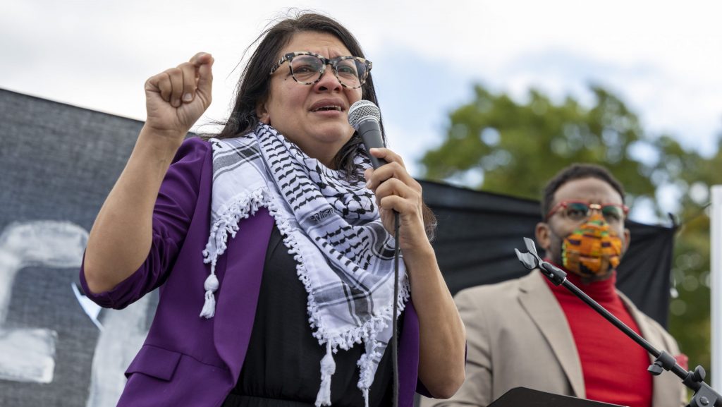 FILE - Rep. Rashida Tlaib, D-Mich., speaks during a demonstration calling for a ceasefire in Gaza, Oct. 18, 2023, near the Capitol in Washington. On Monday, Nov. 6, Tlaib responded to criticisms from fellow Democrats regarding a video she posted Friday, Nov. 3, that included a clip of demonstrators chanting “from the river to the sea.” Tlaib said in her response that her “colleagues” are trying to silence her and are “distorting her words.”