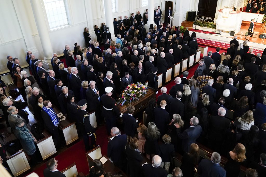 The casket of former first lady Rosalynn Carter, arrives inside Glenn Memorial Church, Tuesday, Nov. 28, 2023, in Atlanta.