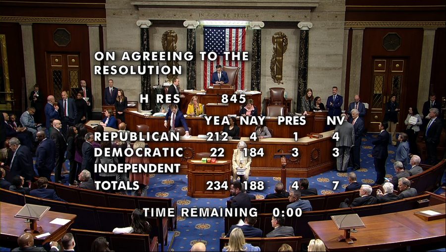 This image from House Television video shows the vote total Tuesday, Nov. 7, 2023, as the House votes to censure Rep. Rashida Tlaib, D-Mich., for her rhetoric about the Israel-Hamas war.