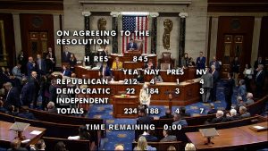 This image from House Television video shows the vote total Tuesday, Nov. 7, 2023, as the House votes to censure Rep. Rashida Tlaib, D-Mich., for her rhetoric about the Israel-Hamas war.