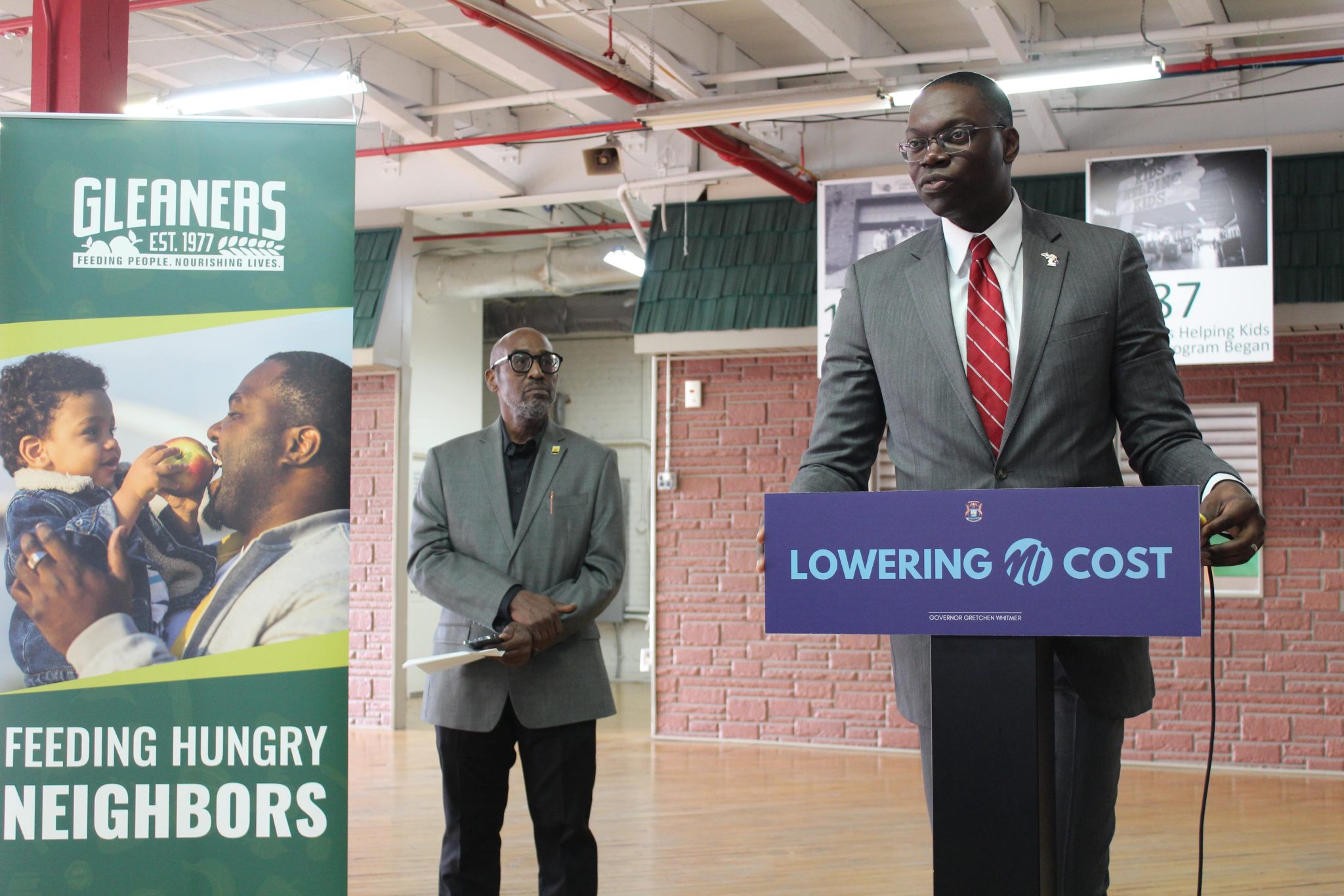 Lt. Gov. Garlin Gilchrist addresses the media and community stakeholders at Gleaners Community Food Bank on Thursday, Dec. 14.