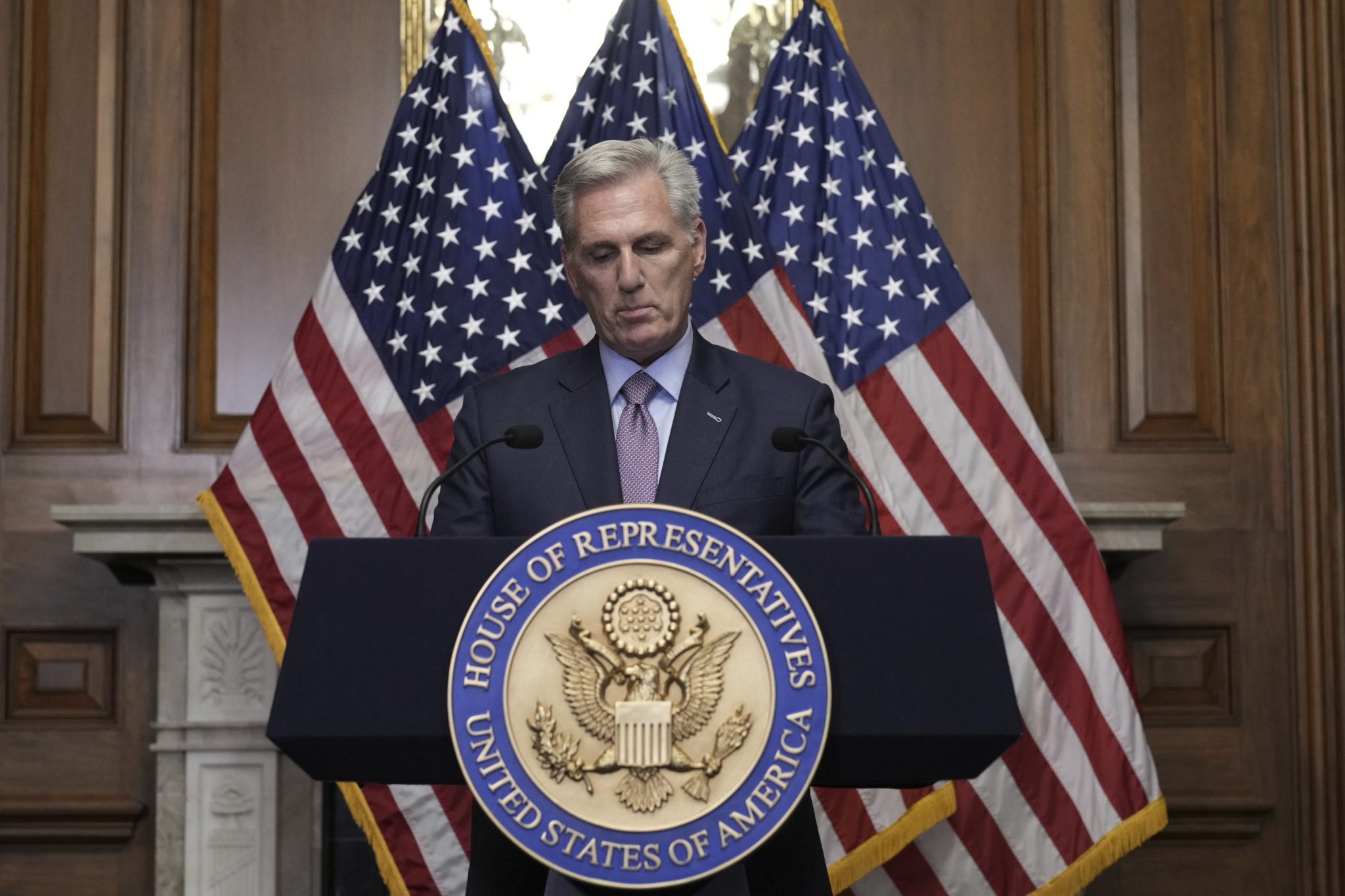 FILE - Rep. Kevin McCarthy, R-Calif., speaks to reporters hours after he was ousted as Speaker of the House, Tuesday, Oct. 3, 2023, at the Capitol in Washington. McCarthy says he's resigning from his congressional seat in California two months after his historic ouster as House speaker.