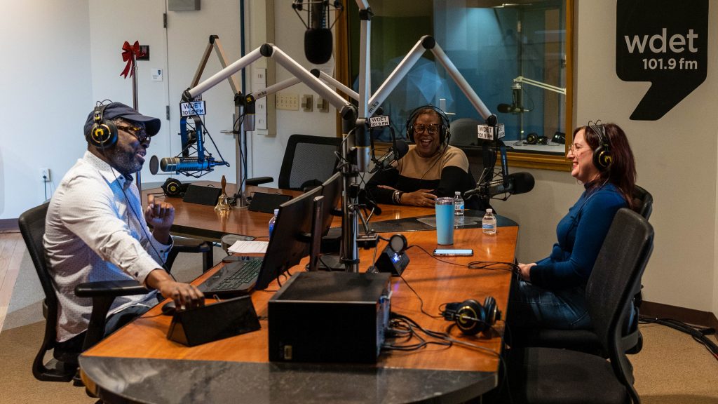 Stephen Henderson (from left) joined by Kim Trent and Nancy Kaffer at WDET on December 22, 2023.