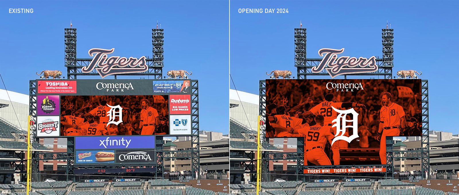 A side by side comparison of the current scoreboard at Comerica Park and the new one to be installed ahead of the 2024 season.