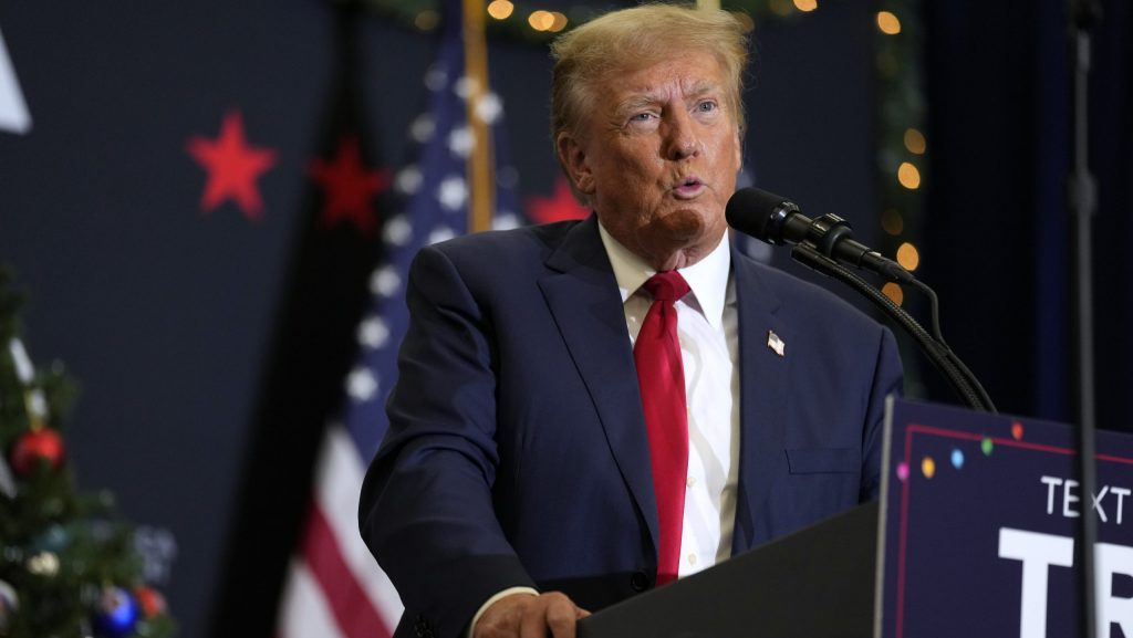 FILE - Former President Donald Trump speaks during a commit to caucus rally, Tuesday, Dec. 19, 2023, in Waterloo, Iowa.