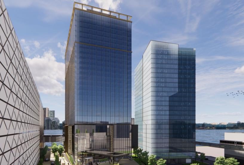 A rendering of the proposed hotel, which would be located near the former site of Joe Louis Arena and connect to Huntington Place via a pedestrian bridge.