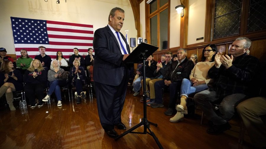 Republican presidential candidate former New Jersey Gov. Chris Christie announces he is dropping out of the race during a town hall campaign event Wednesday, Jan. 10, 2024, in Windham, N.H.
