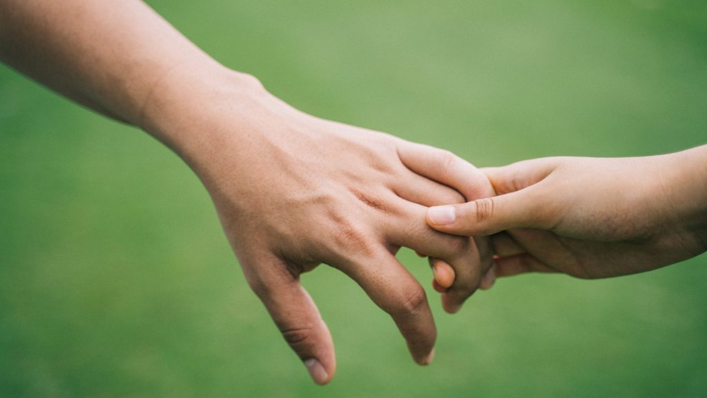 A child and adult hold hands