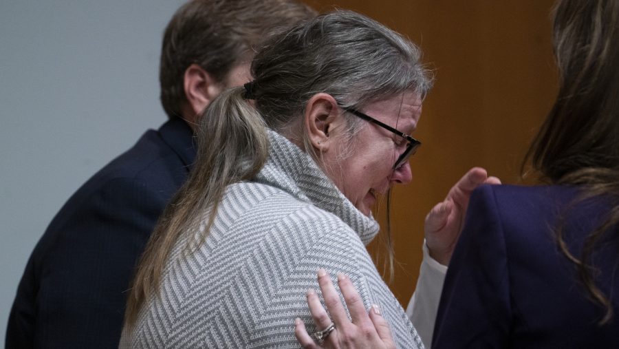 Jennifer Crumbley becomes emotional after seeing video of her son walking through Oxford High School during the Nov. 30, 2021 shooting rampage in the courtroom of Oakland County Judge Cheryl Matthews on Thursday, Jan. 25, 2024 in Pontiac, Mich.
