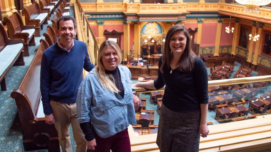 The hosts of MichMash standing in the gallery at the state Capitol. (Left to right: Zach Gorchow, Alethia Kasben, Cheyna Roth)