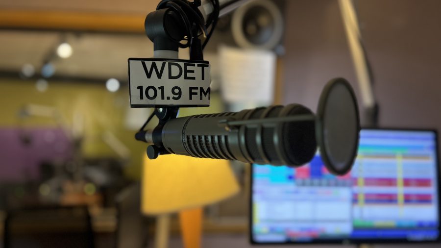 A photo of a microphone inside the WDET studios.