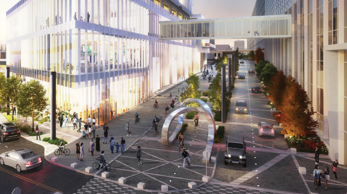 A rendering of an expanded Second Avenue running between the proposed hotel and Huntington Place.