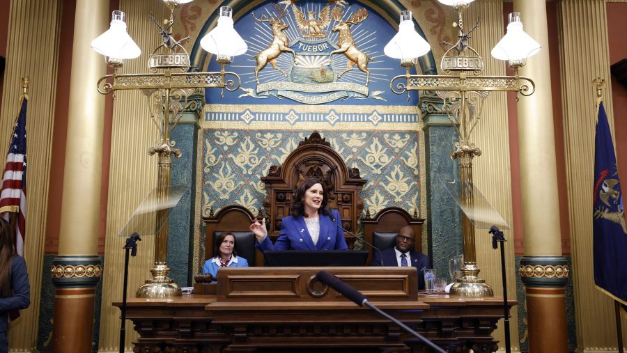 Michigan Gov. Gretchen Whitmer delivers her State of the State address to a joint session of the House and Senate, Wednesday, Jan. 24, 2024, at the state Capitol in Lansing, Mich.