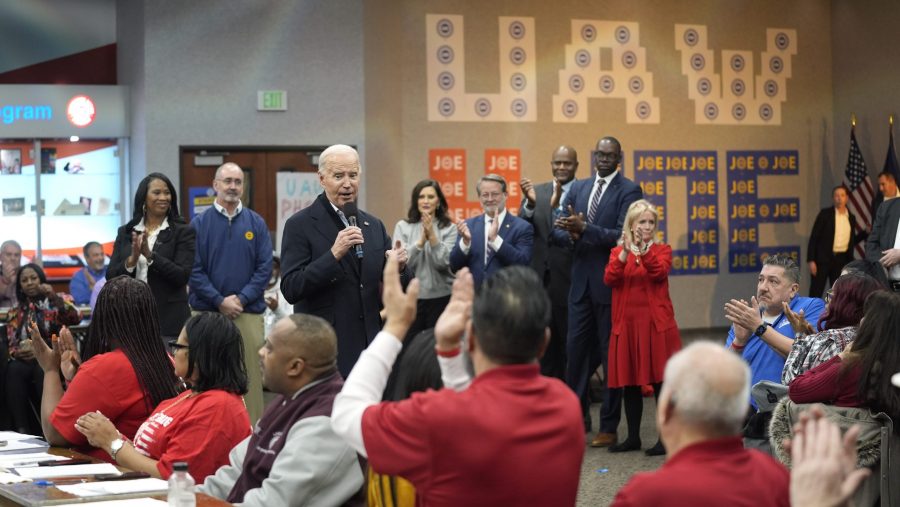 President Joe Biden addresses UAW members during a campaign stop at a phone bank in the UAW Region 1 Union Hall, Thursday, Feb. 1, 2024, in Warren, Mich.