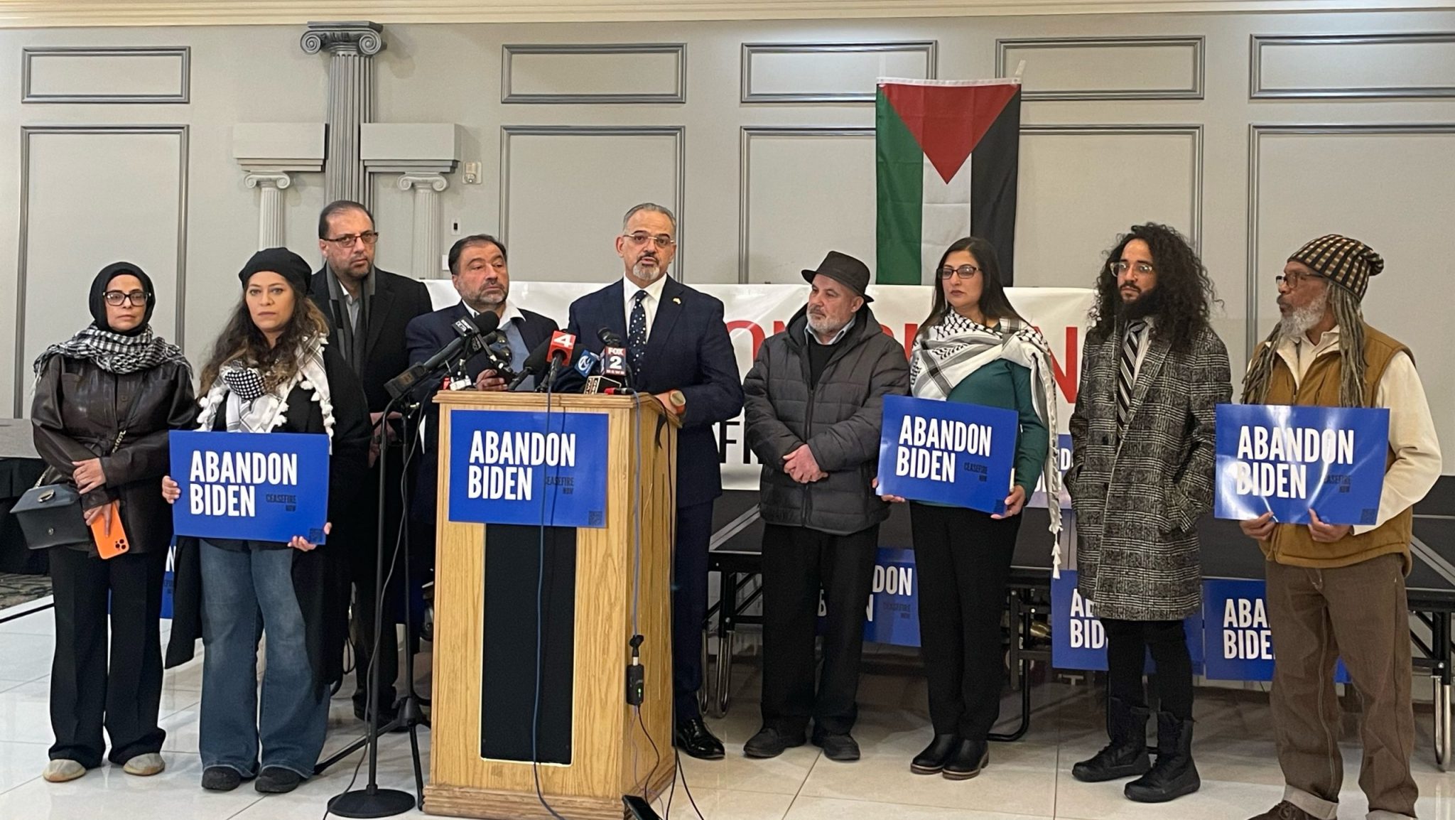 Members of the Abandon Biden campaign held a press conference at the Greenfield Manor Feb. 1, 2024 in Dearborn to express their outrage with President Joe Biden not meeting with the Arab American community during his visit to Michigan.
