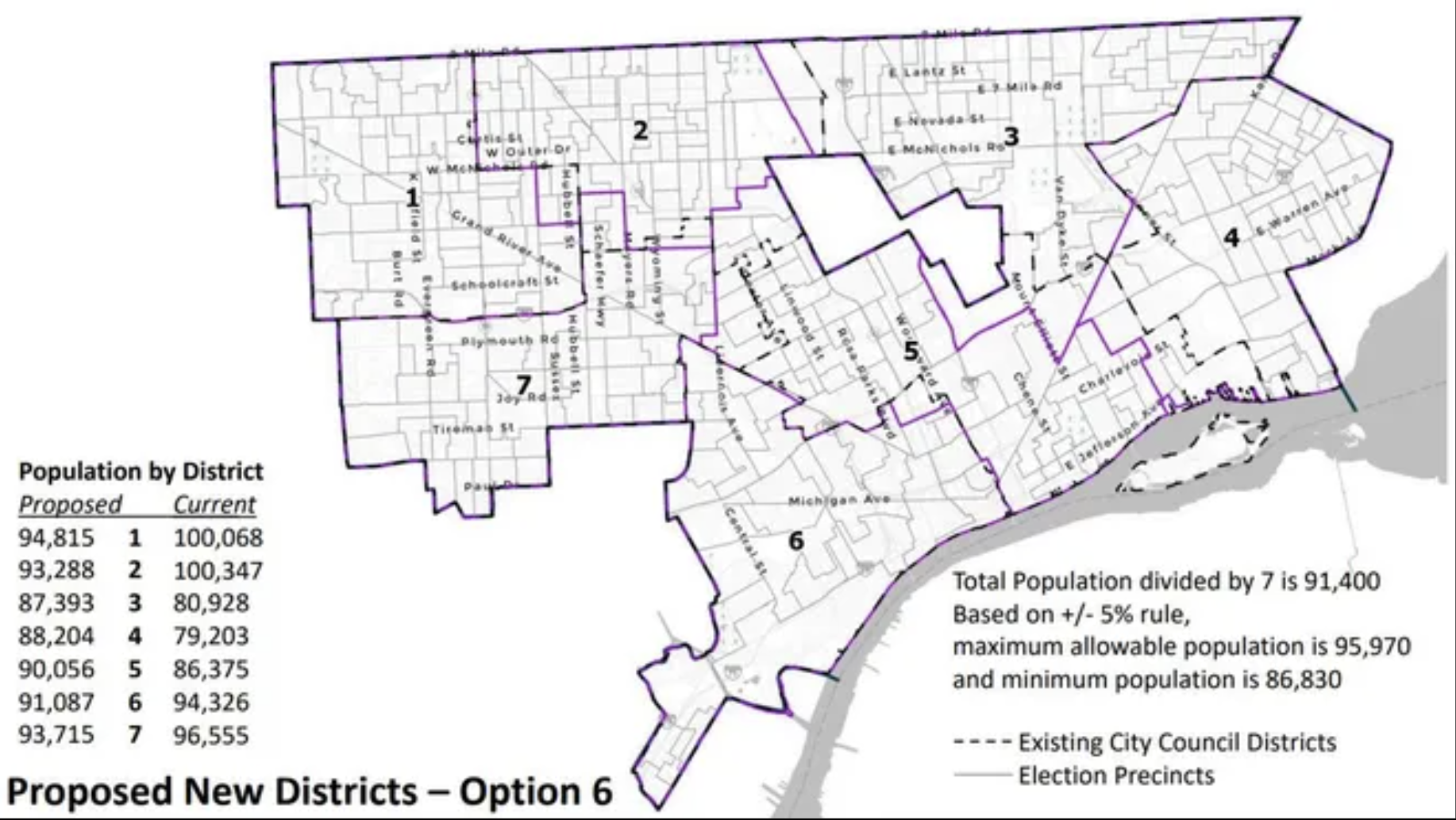 A map of the newly approved city council district boundaries in the city of Detroit.