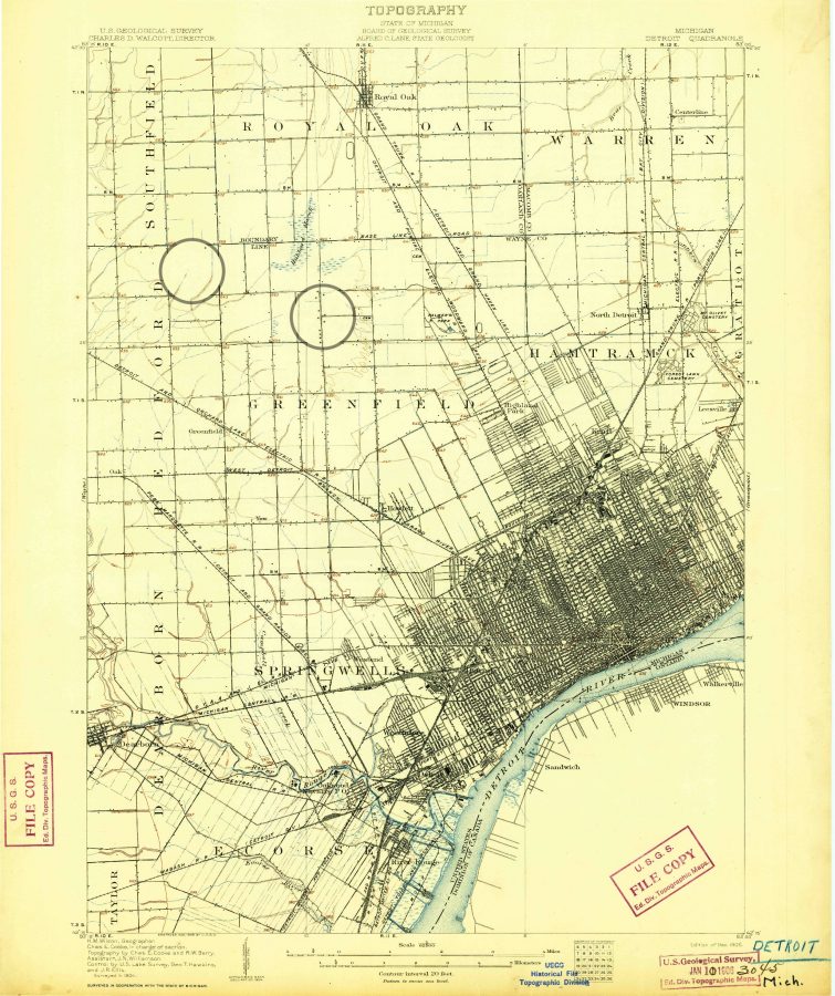 Circles indicate two potential high points on a 1905 topographic map of Detroit.