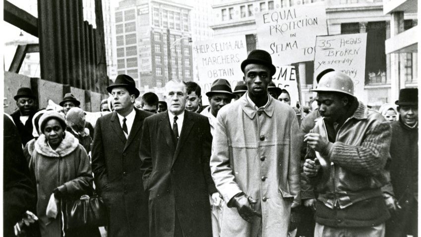 Former Michigan Gov. George Romney and former Detroit Mayor Jerome Cavanaugh at the front of a 10,000-person march at Fort Street and Woodward Avenue in Detroit, in solidarity with the 1965 Selma to Montgomery voting rights marches.