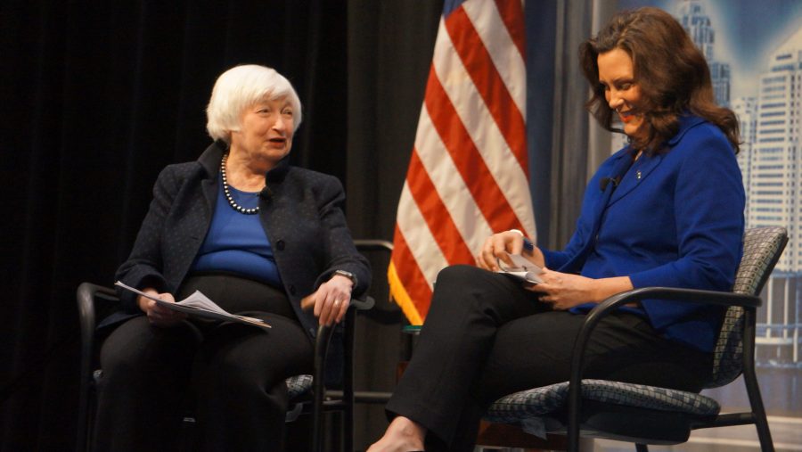 U.S. Treasury Secretary Janet Yellen and Michigan Gov. Gretchen Whitmer interview each other at an event before the Detroit Economic Club on Wednesday, Feb. 14, 2024.