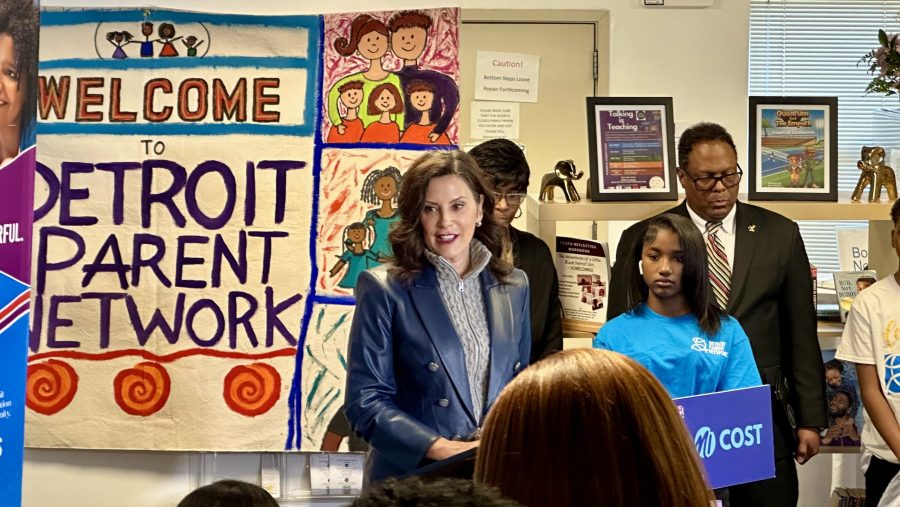 Gov. Gretchen Whitmer speaks about her budget priorities for the upcoming year at the Detroit Parent Network resource center on Thursday, Feb. 8, 2023.