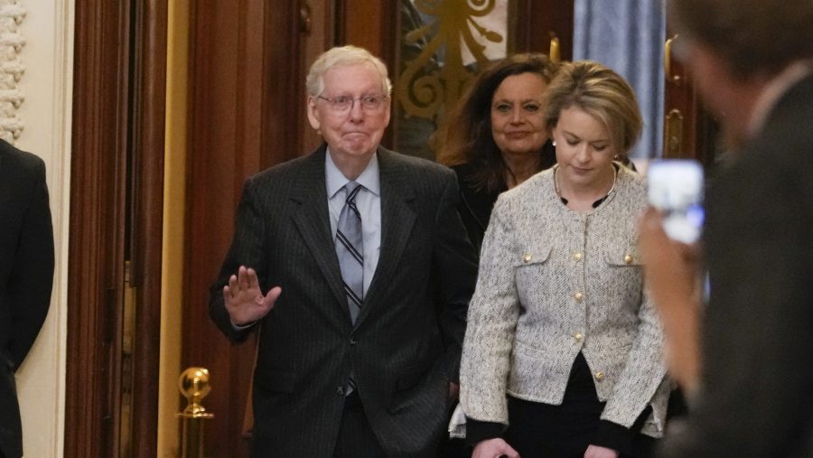 Senate Minority Leader Mitch McConnell of Ky., walks off the Senate floor after speaking, Wednesday, Feb. 28, 2024 at the Capitol in Washington. McConnell says he'll step down as Senate Republican leader in November.