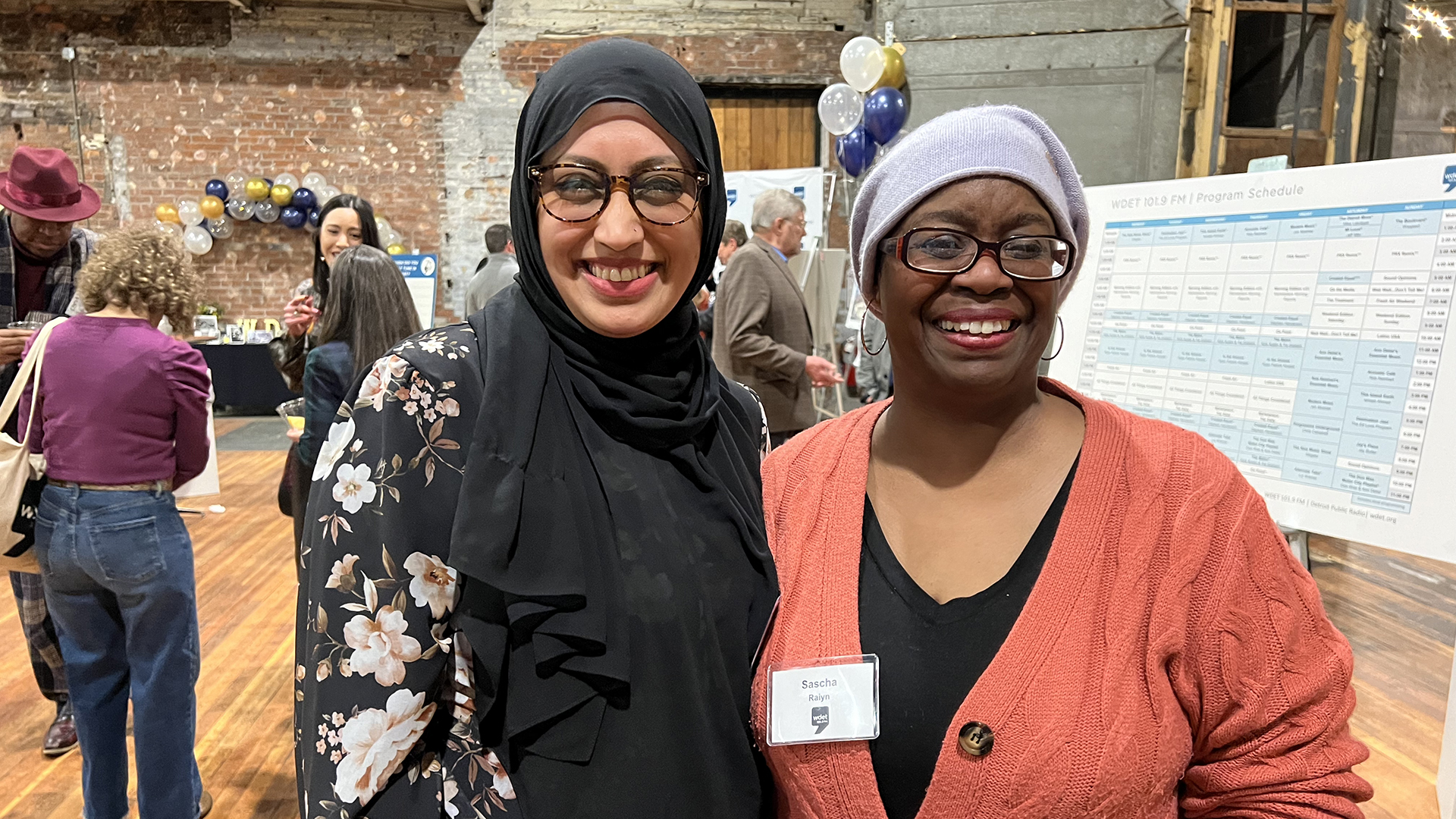 WDET reporters Nargis Rahman and Sascha Raiyn pose for a photo at the Jam Handy in Detroit on Feb. 13, 2024.