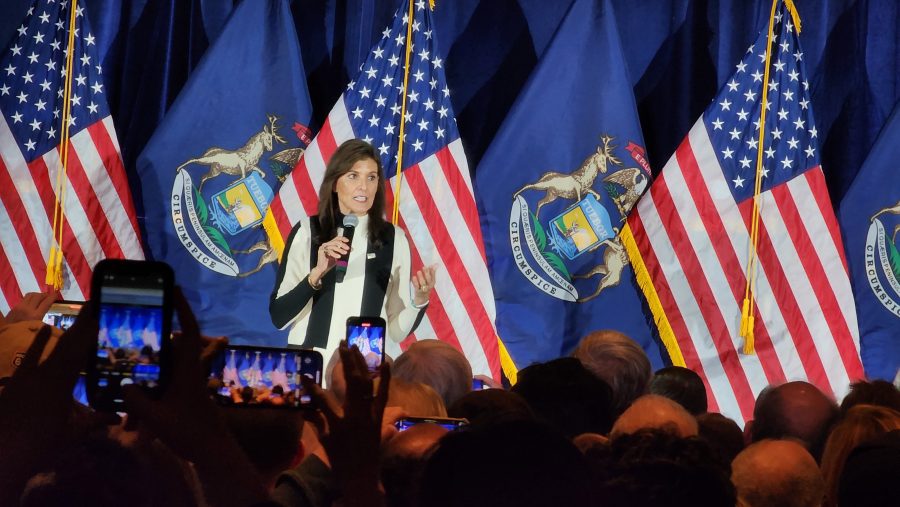 Nikki Haley delivers a campaign speech in Troy, Michigan on Sunday, Feb. 25, 2024.