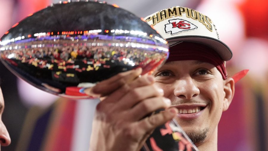 Kansas City Chiefs quarterback Patrick Mahomes holds the Vince Lombardi Trophy after the NFL Super Bowl 58 football game against the San Francisco 49ers on Sunday, Feb. 11, 2024, in Las Vegas. The Chiefs won 25-22.