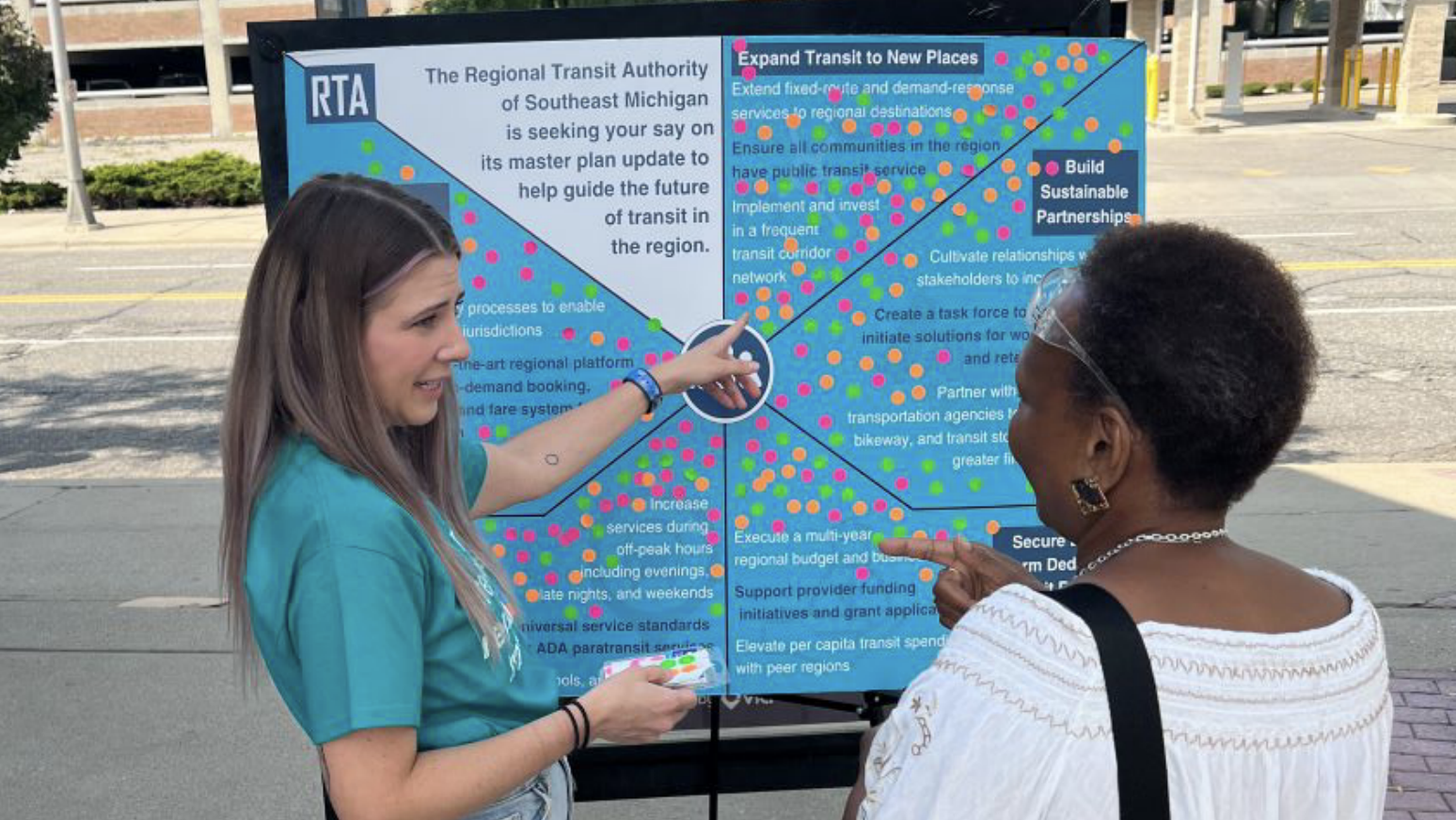 In August and September of 2023, RTA set up booths at 11 events across the four counties and spoke with riders at three regional transit centers. Attendees were asked to place stickers on an interactive board to identify which of the goals and strategies they felt were the highest priorities.