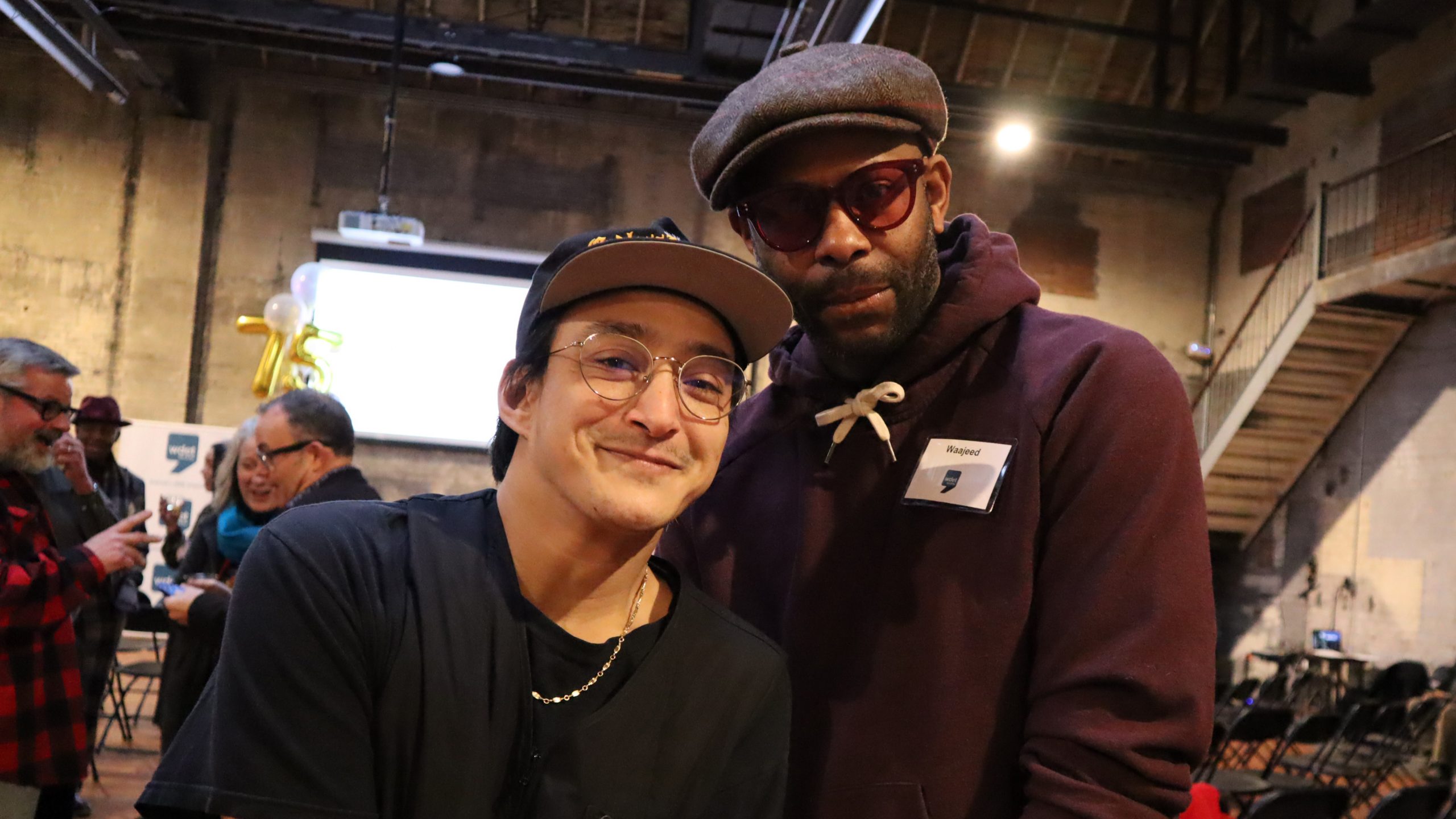 "The New Music Show" host Shigeto poses with "The Boulevard" host Waajeed during WDET's 75th anniversary celebration at the Jam Handy in Detroit on Feb. 13, 2024.
