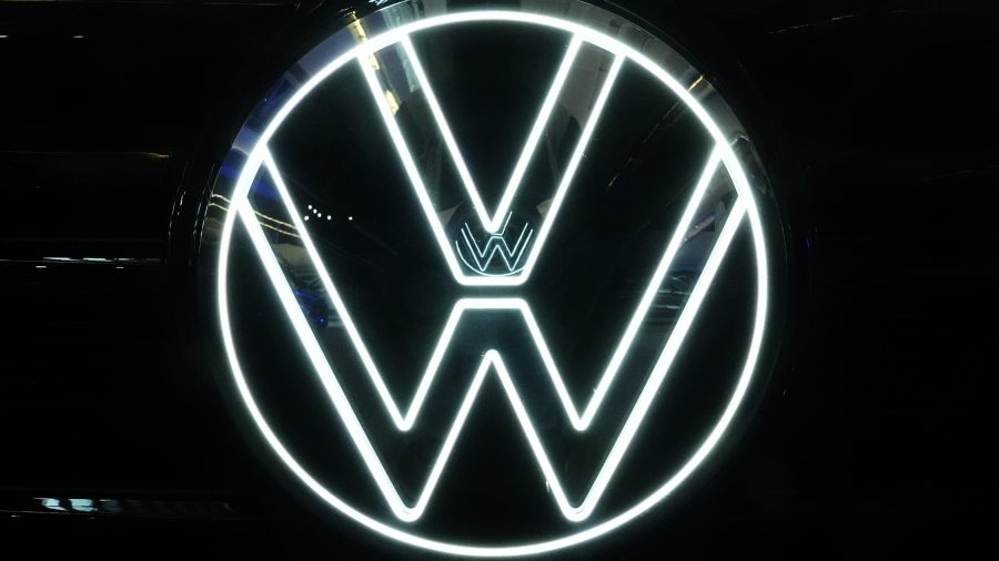 This is the Volkswagen logo on a Volkswagen automobile on display at the Pittsburgh International Auto Show in Pittsburgh, Feb. 15, 2024.