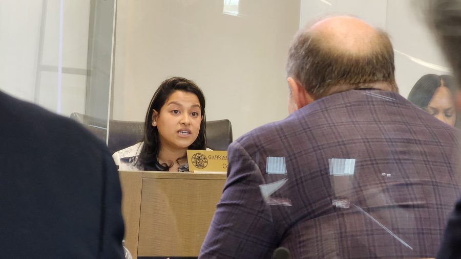 Councilwoman Gabriela Santiago-Romero speaks to Mayor Mike Duggan during his FY25 budget proposal on Thursday, March 7, 2024.